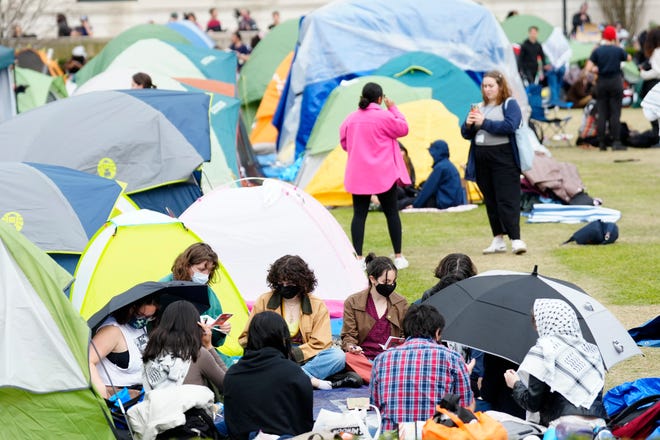 People are shown inside the encampment on Columbia University on April 24, 2024, in New York City. Protesters at Columbia University faced a deadline to dismantle their encampment by April 26, as protests and arrests intensified across the nation.